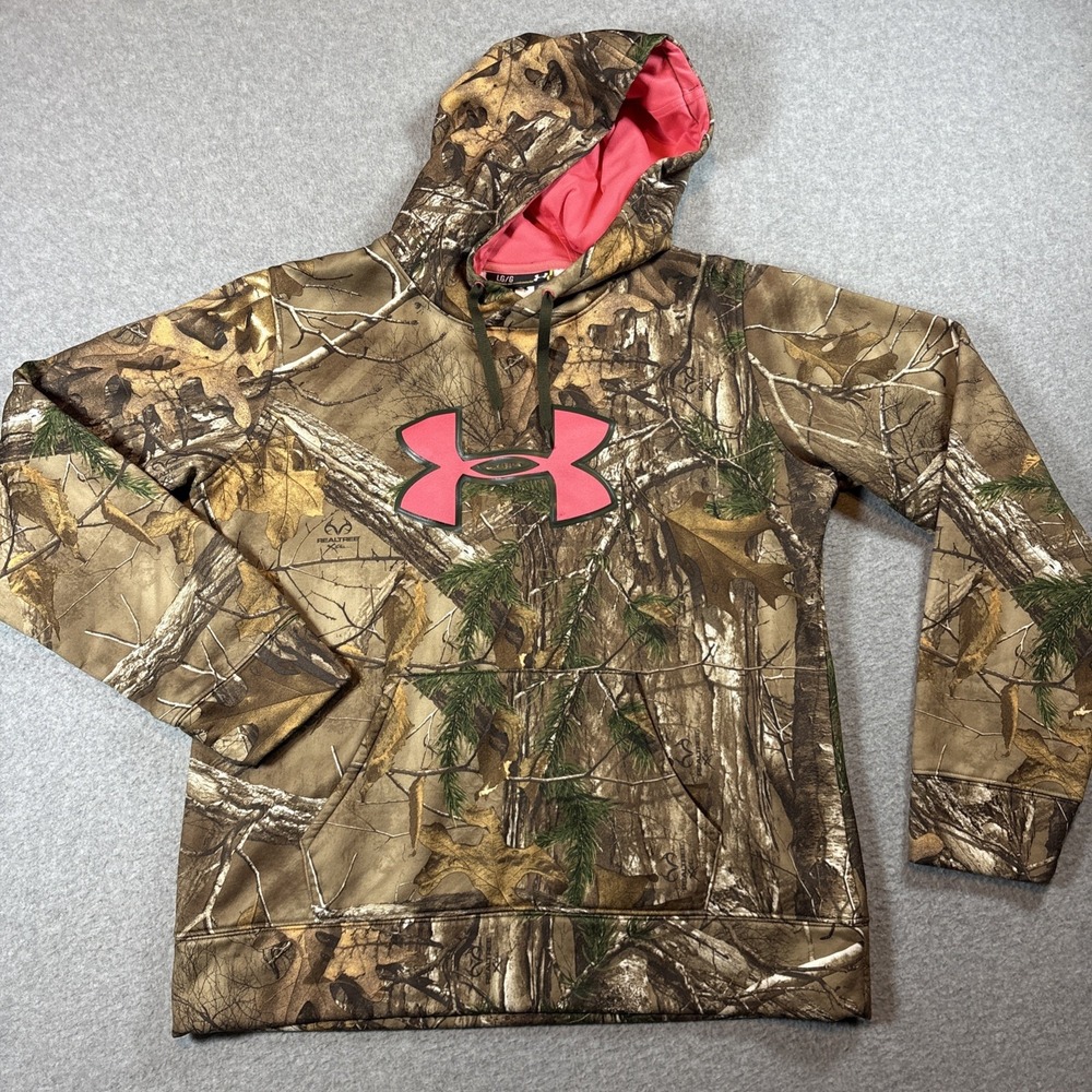 Under Armor Women's Sz L Realtree Camo Pink Logo Hoodie Hunting Outdoors Nature